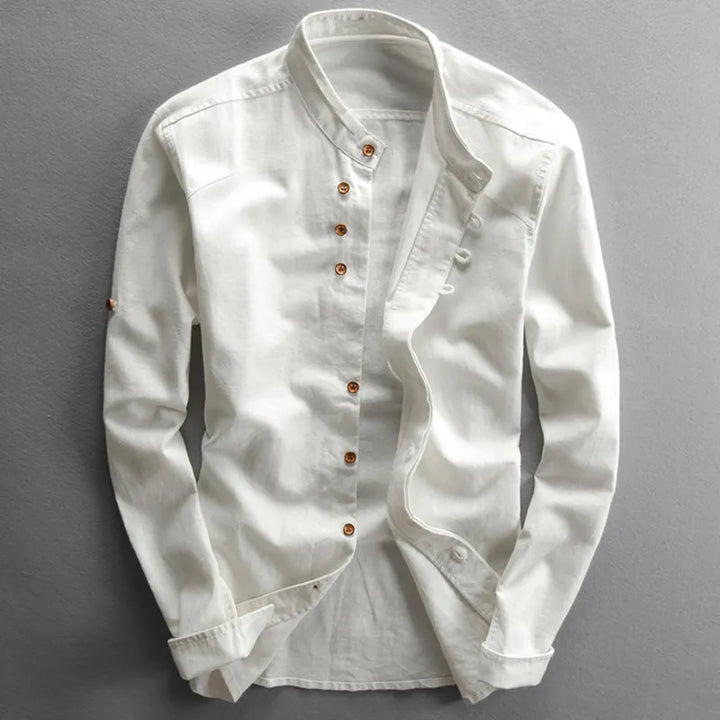 Men's modern traditional katana style shirt. Elegant Japanese inspired design, versatile for casual & formal spring/summer.