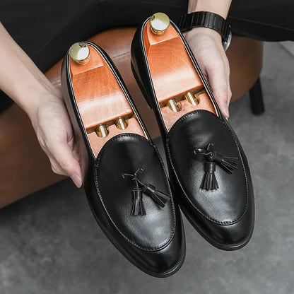 Classic elegant men's polished tassel loafers, comfortable slip-on shoes for sophisticated formal & casual wear.