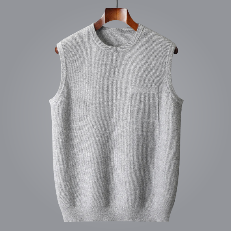 Comfortable men's sleeveless sweater vest. Soft knitwear top, ideal for casual layering or stylish fashion outfits.