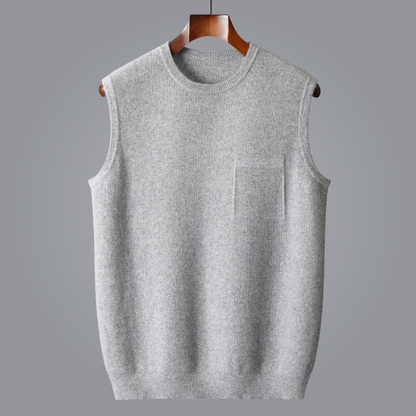 Comfortable men's sleeveless sweater vest. Soft knitwear top, ideal for casual layering or stylish fashion outfits.