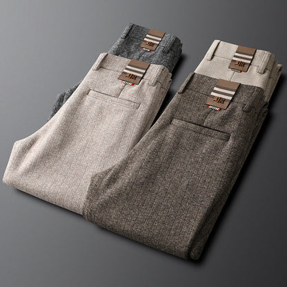 Close-up of fabric on men's elegant Regent tailored trousers, showcasing premium quality.