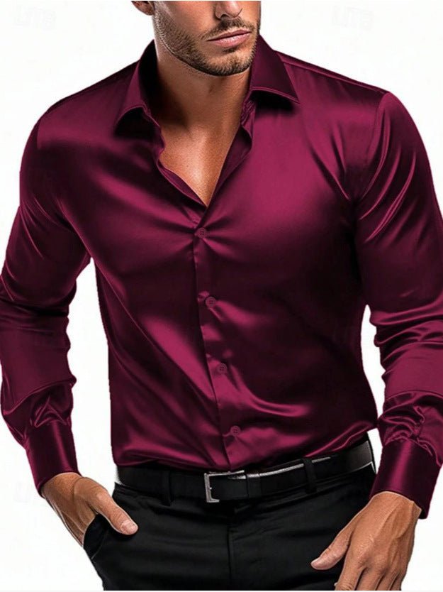 Men's elegant satin sheen dress shirt with a sophisticated Italian collar, perfect for formal and business attire.