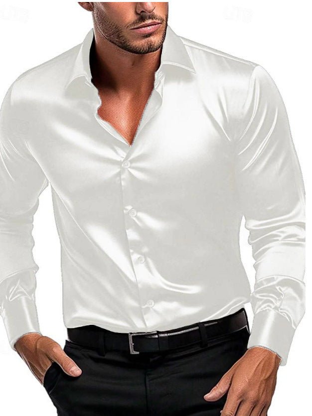 Stylish men's long sleeve satin sheen dress shirt featuring a classic Italian collar for elegant fashion.