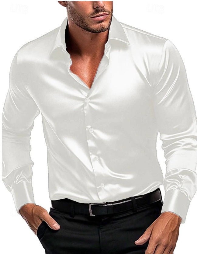 Close-up of a luxurious men's satin sheen dress shirt, showcasing its Italian collar and smooth fabric texture.