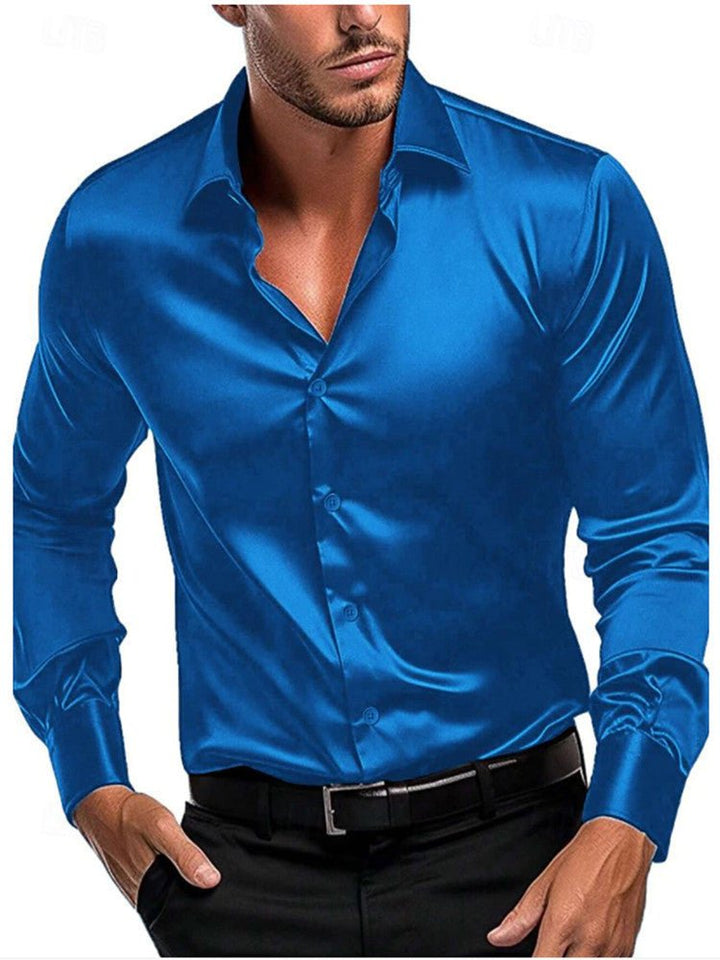Timeless men's elegant dress shirt in satin sheen fabric, designed with a distinctive Italian collar style.