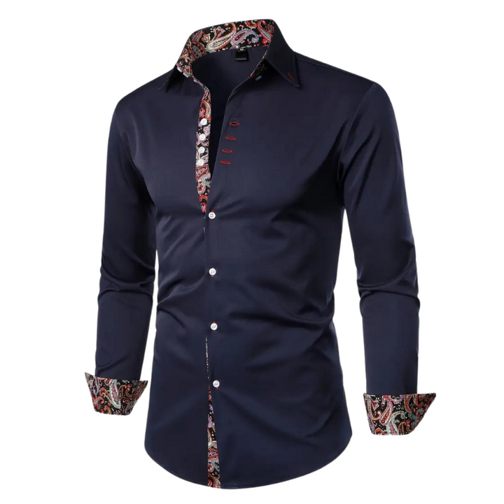 A long-sleeve men's shirt, slim fit and elegant, suitable for both formal and special occasion wear.