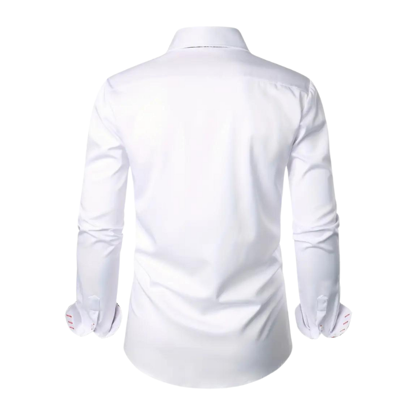 Close-up of the collar & button-down detail on an elegant long-sleeve men's dress shirt.