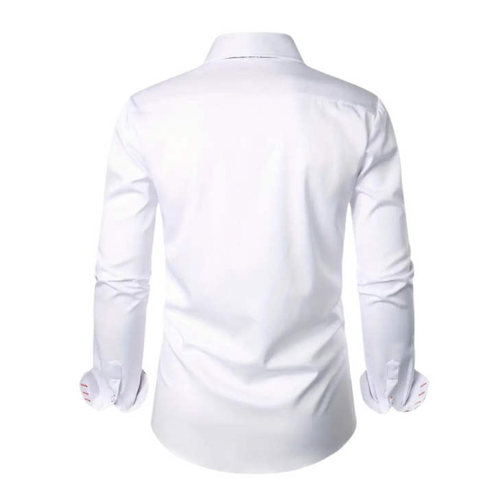 Close-up of the collar & button-down detail on an elegant long-sleeve men's dress shirt.