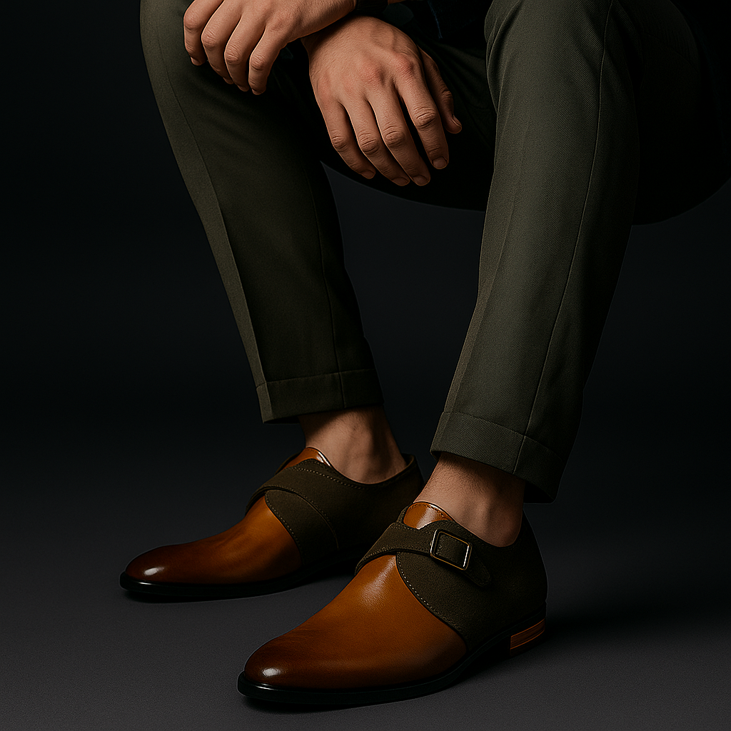 Men's formal slip-on derby shoes with polished buckle detail, offering refined style and comfort for dress occasions.