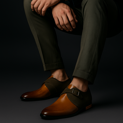 Men's formal slip-on derby shoes with polished buckle detail, offering refined style and comfort for dress occasions.