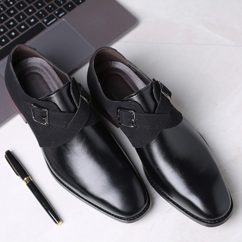 Stylish men's black slip-on derby shoes with elegant buckle, perfect comfortable dress footwear for any formal event.