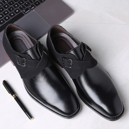 Stylish men's black slip-on derby shoes with elegant buckle, perfect comfortable dress footwear for any formal event.