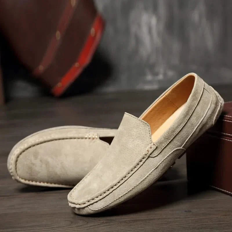 Close-up of men's comfortable leather slip-on loafers. Stylish and durable everyday footwear.