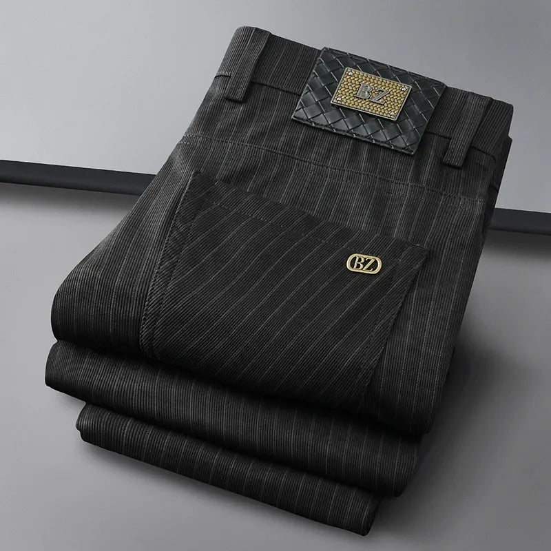 Comfortable men's formal striped business trousers, providing a sophisticated look for work.