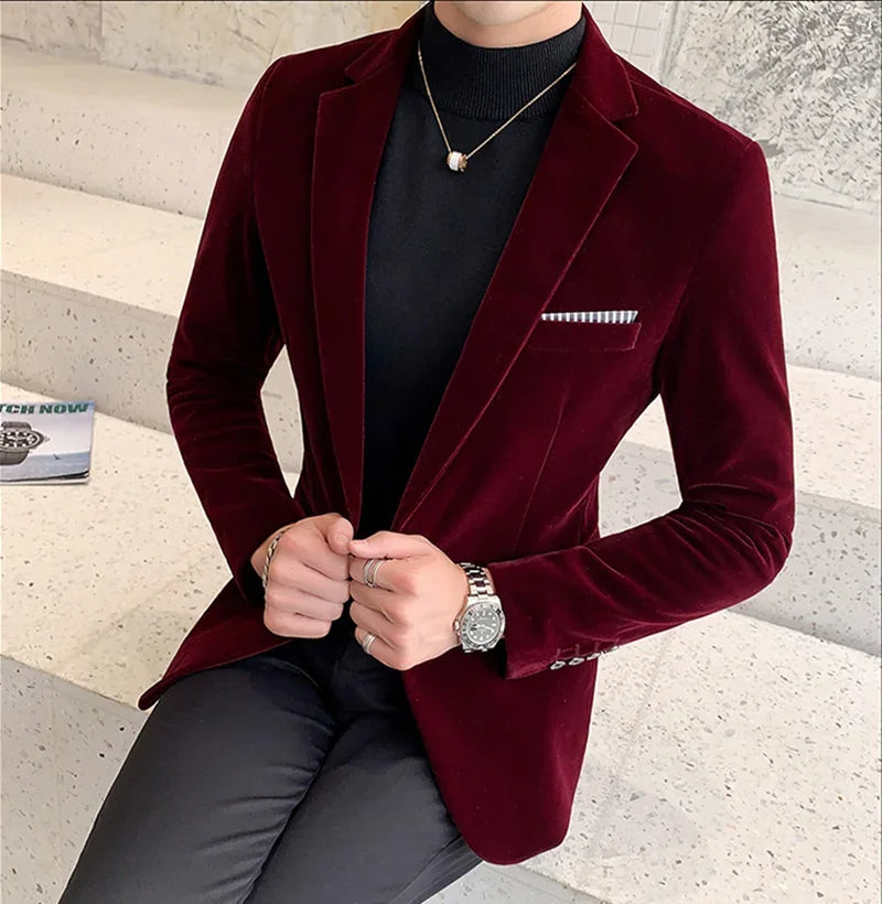 Dapper men's slim-fit tailored blazer, enhancing any formal or special occasion attire. Sophisticated look.