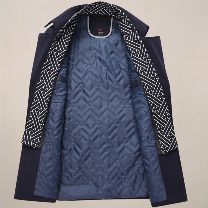 Classic men's trench coat style winter overcoat for formal and business casual cold weather outerwear.