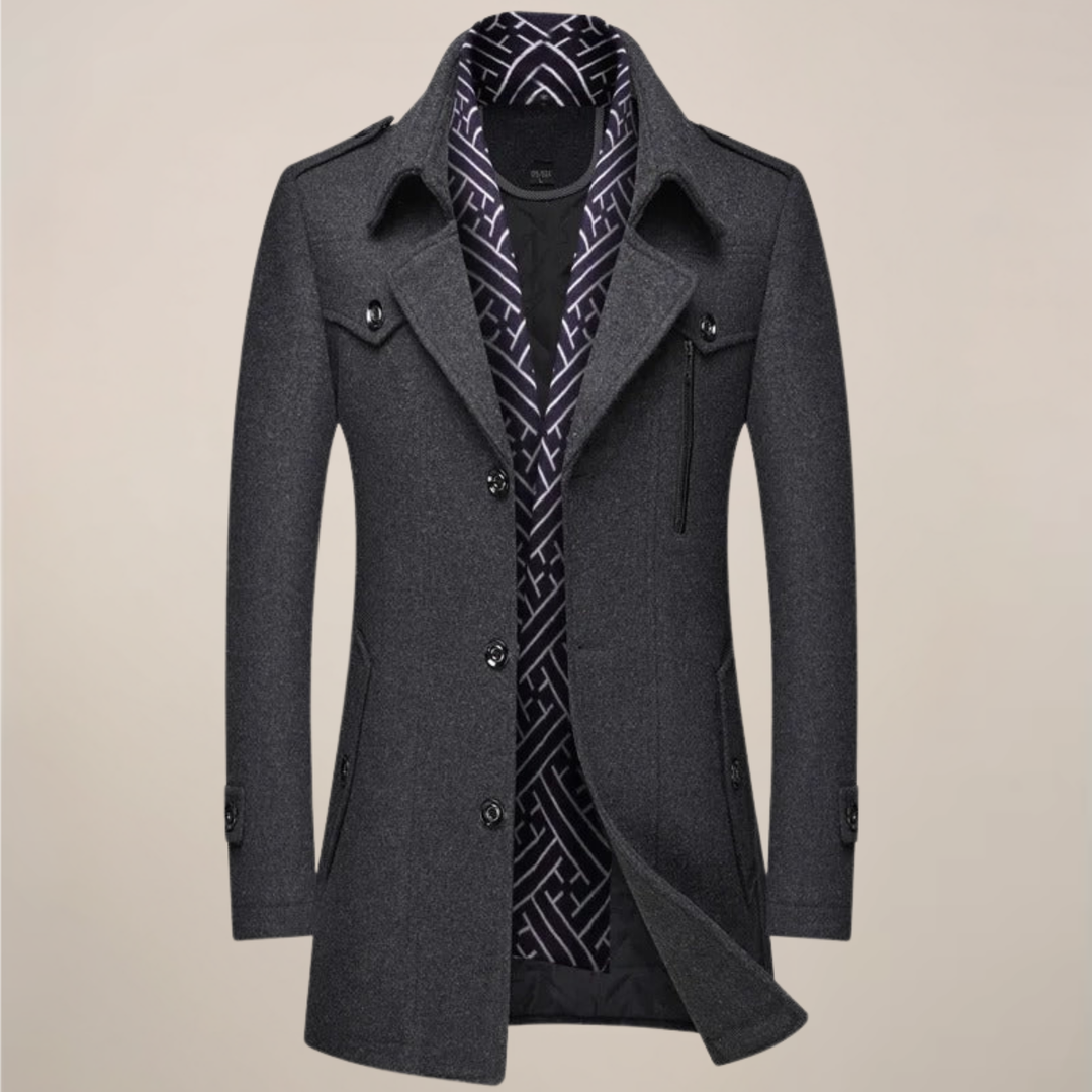 Fashionable men's winter overcoat, tailored for a modern smart casual appearance and cold weather protection.