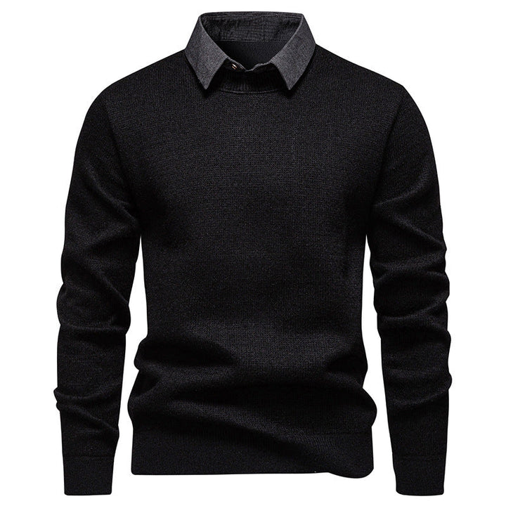 Men's elegant textured knit sweater. Stylish layered collar, long sleeve, perfect for smart casual winter fashion.