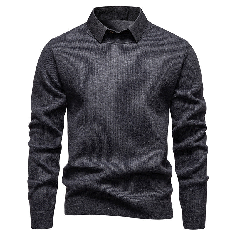 Comfortable men's knit sweater featuring an elegant layered collar and rich textured design. Smart casual winter wear.