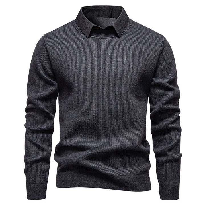 Comfortable men's knit sweater featuring an elegant layered collar and rich textured design. Smart casual winter wear.