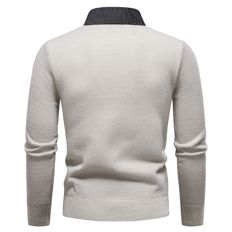 Fashionable men's long sleeve textured knit sweater. Elegant layered collar detail, a stylish choice for winter.