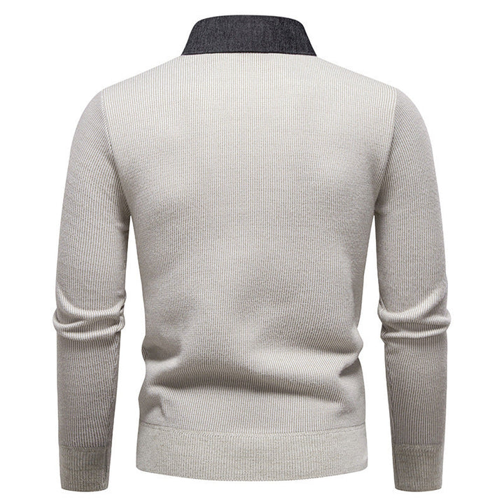 Fashionable men's long sleeve textured knit sweater. Elegant layered collar detail, a stylish choice for winter.