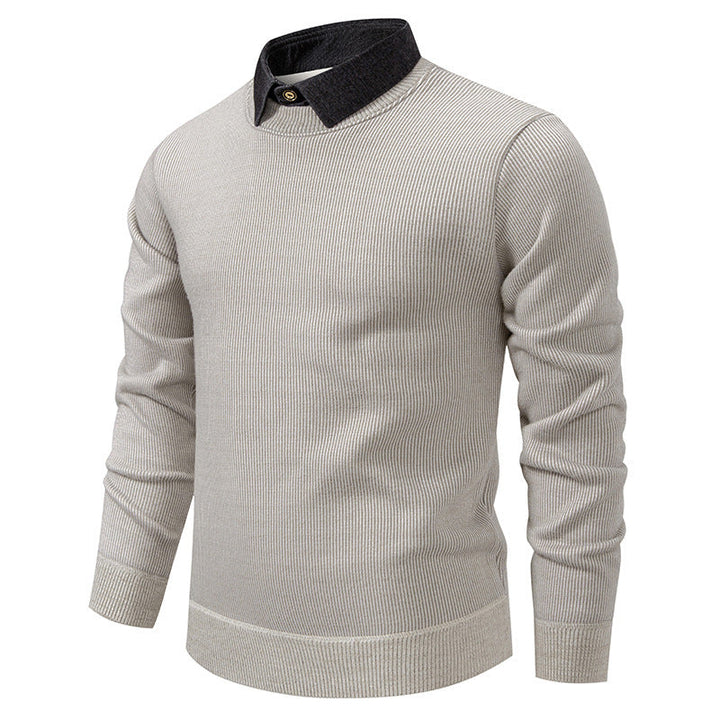 Smart casual men's textured knit sweater. Features a sophisticated layered collar, comfortable long sleeves for winter.