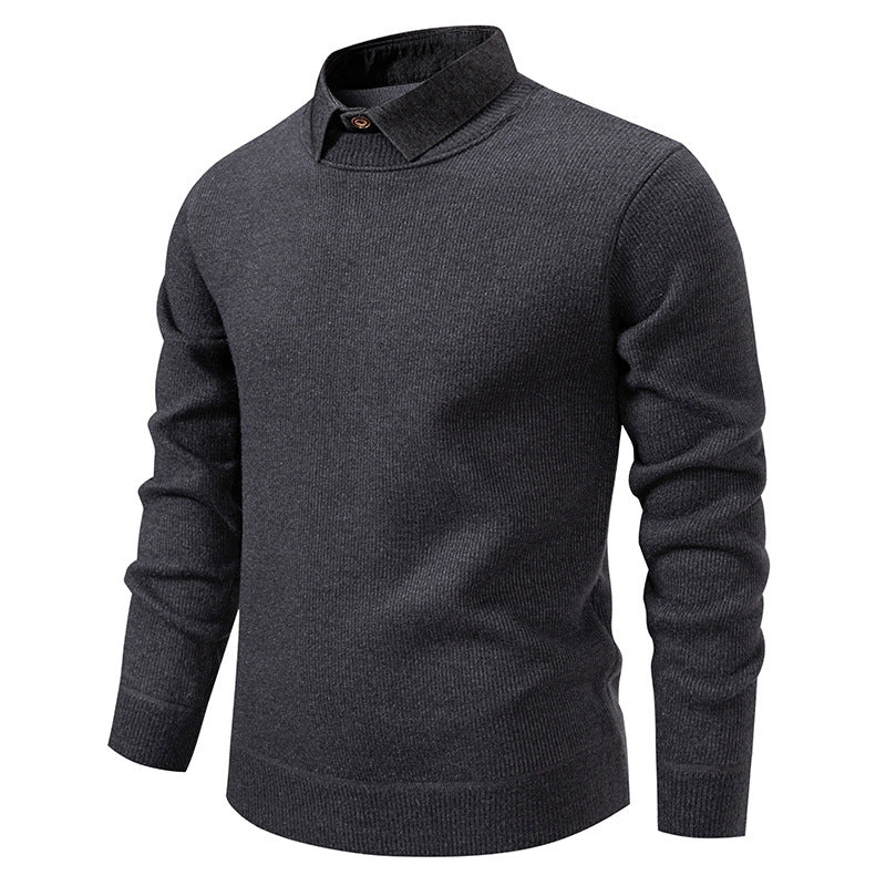 Elegant men's textured long sleeve knit sweater. Distinctive layered collar adds style. Perfect for winter fashion.