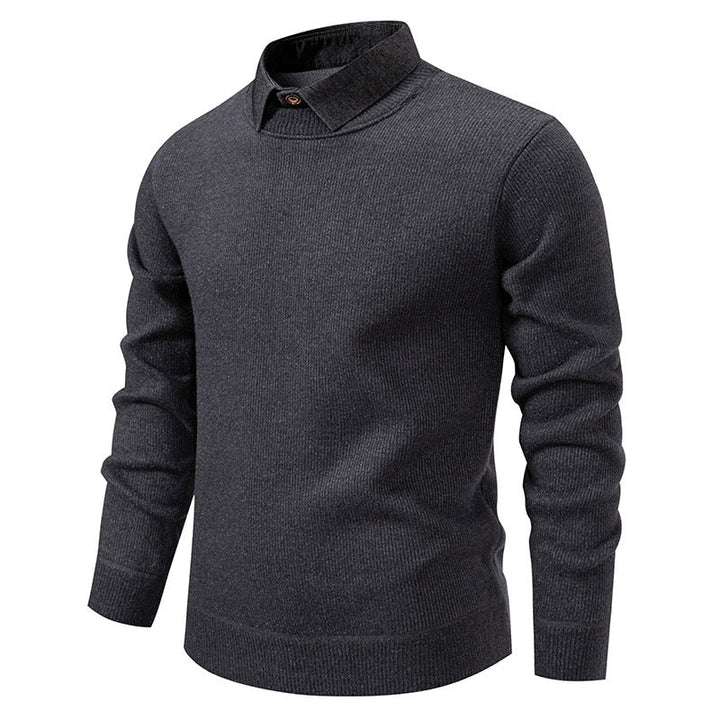 Elegant men's textured long sleeve knit sweater. Distinctive layered collar adds style. Perfect for winter fashion.