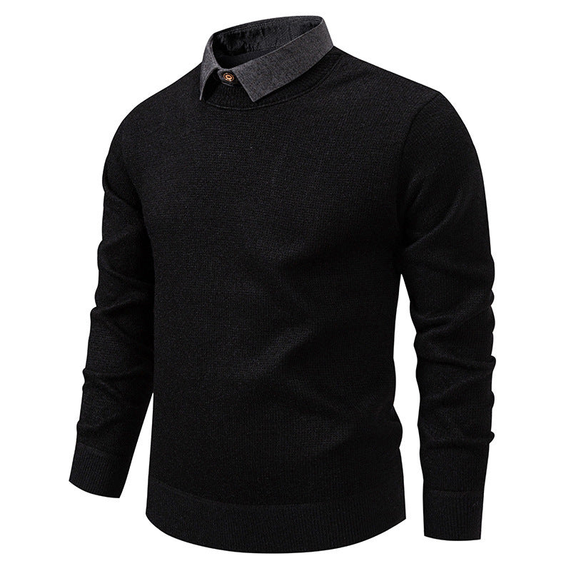 Men's knit sweater with elegant textured fabric and a unique layered collar design. Stylish and comfortable winter top.