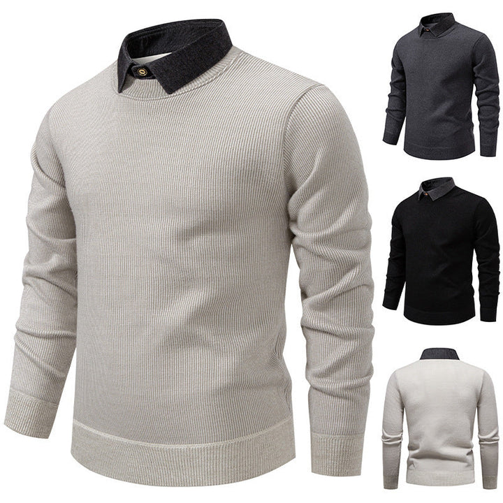Stylish men's long sleeve sweater. Textured knit with an elegant layered collar, ideal for smart casual winter outfits.