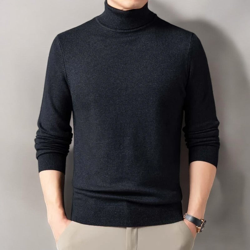 Refined men's elegant turtleneck sweater, a warm long sleeve essential for classic winter fashion and versatile mens clothing.