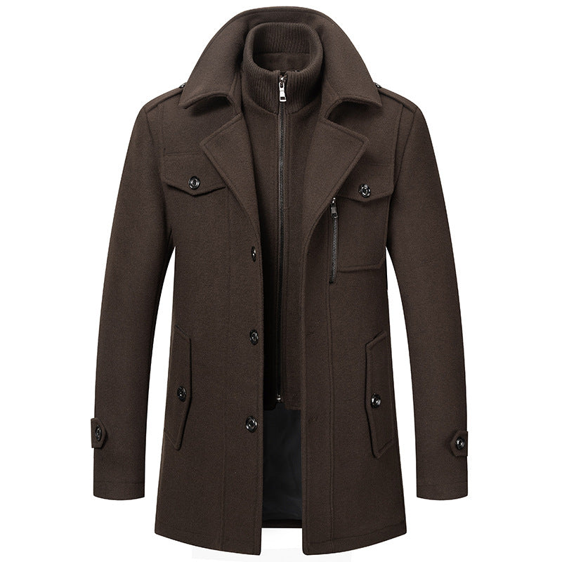 Fashionable men's elegant two-piece winter coat, a warm layered jacket for stylish cold-weather outfits.
