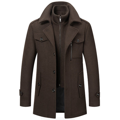 Fashionable men's elegant two-piece winter coat, a warm layered jacket for stylish cold-weather outfits.