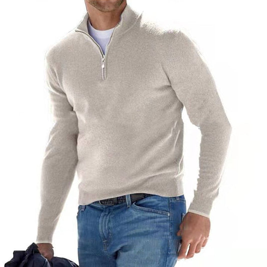 Men's elegant V-neck sweater with quarter-zip, perfect for sophisticated casual wear.