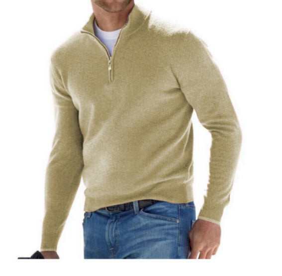 Modern men's V-neck quarter-zip sweater, offering both comfort and sophisticated casual style.