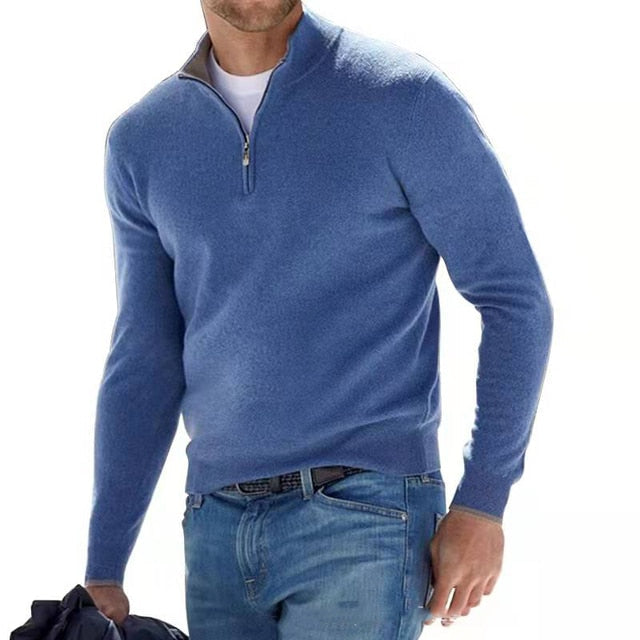 Versatile men's fashion V-neck sweater, quarter-zip pullover for casual or smart outfits.