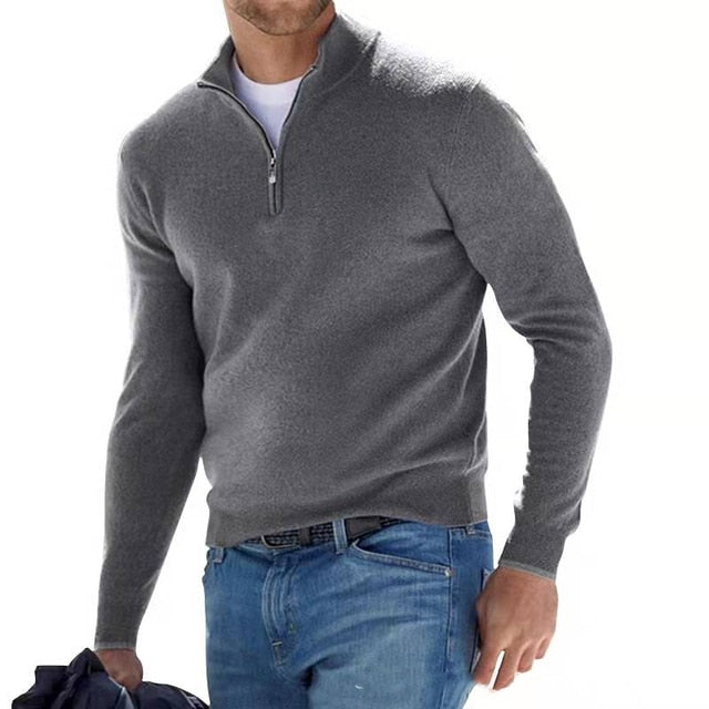 Stylish men's V-neck sweater featuring a quarter-zip, ideal as a comfortable layering piece.