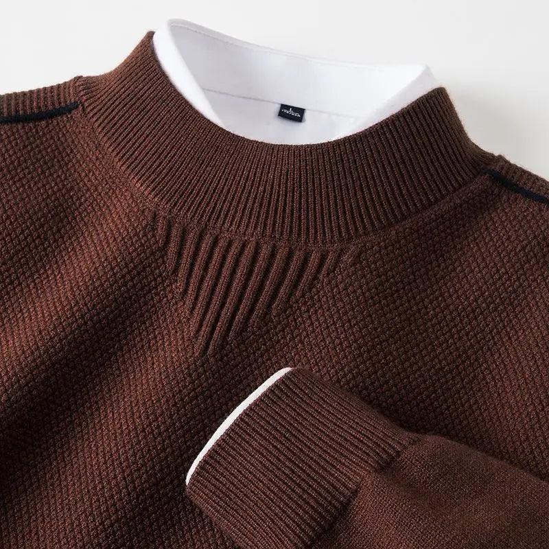 Textured men's jacquard knit mock neck sweater, perfect for elegant layering & cold weather.