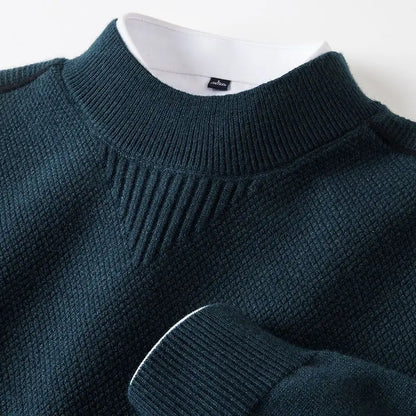 Warm men's mock neck jacquard sweater, ideal for stylish winter wear and layering.