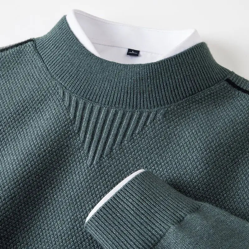 Elegant men's jacquard sweater with a unique textured pattern and sophisticated mock neck.