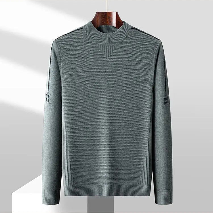 Stylish men's fashion jacquard mock neck sweater, essential for smart casual winter outfits.