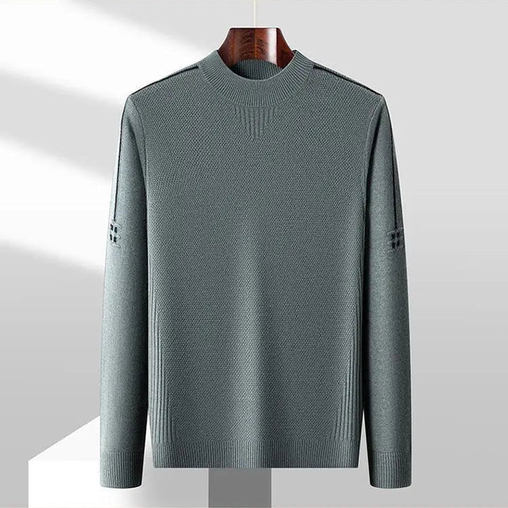 Stylish men's fashion jacquard mock neck sweater, essential for smart casual winter outfits.