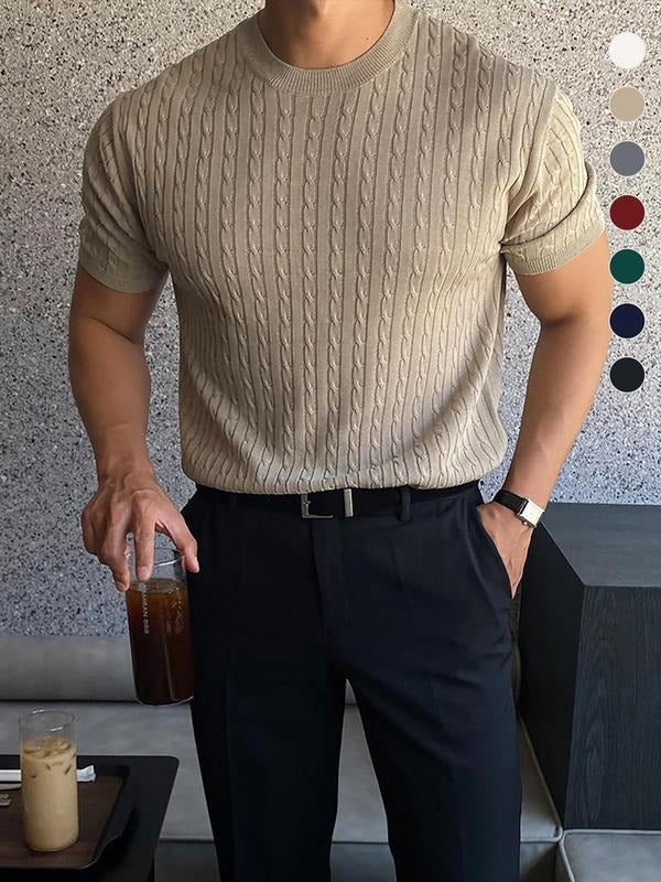 Men's Elviro cable knit short sleeve tee. Modern fit, crew neck knit shirt for refined casual style.
