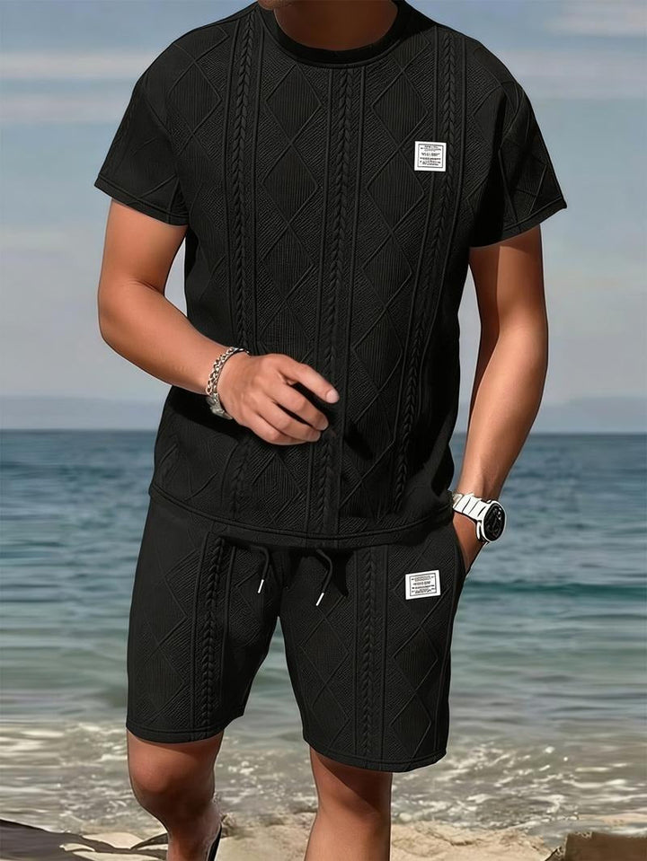 Men's embossed leather style matching set. Comfortable two-piece coordinated outfit for casual or lounge wear.