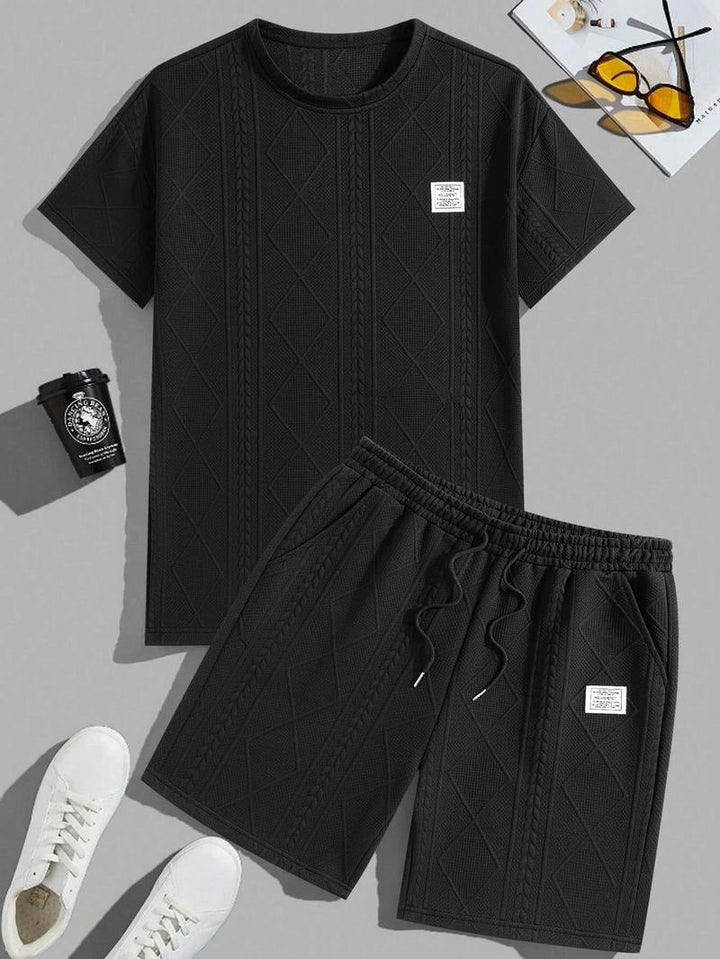 Embossed leather style men's matching set. Unique textured two-piece, modern men's casual clothing.