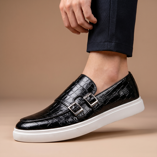 Men's embossed slip-on platform loafers with stylish buckle detail, perfect for dress or casual wear.