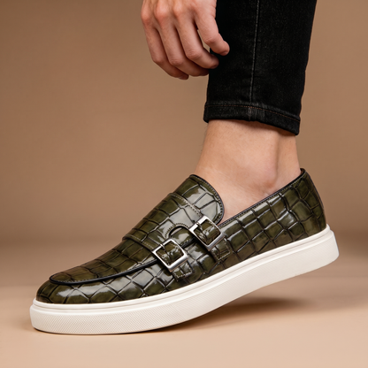 Comfortable men's luxury platform slip-on loafers, featuring elegant embossed design and sleek buckle.