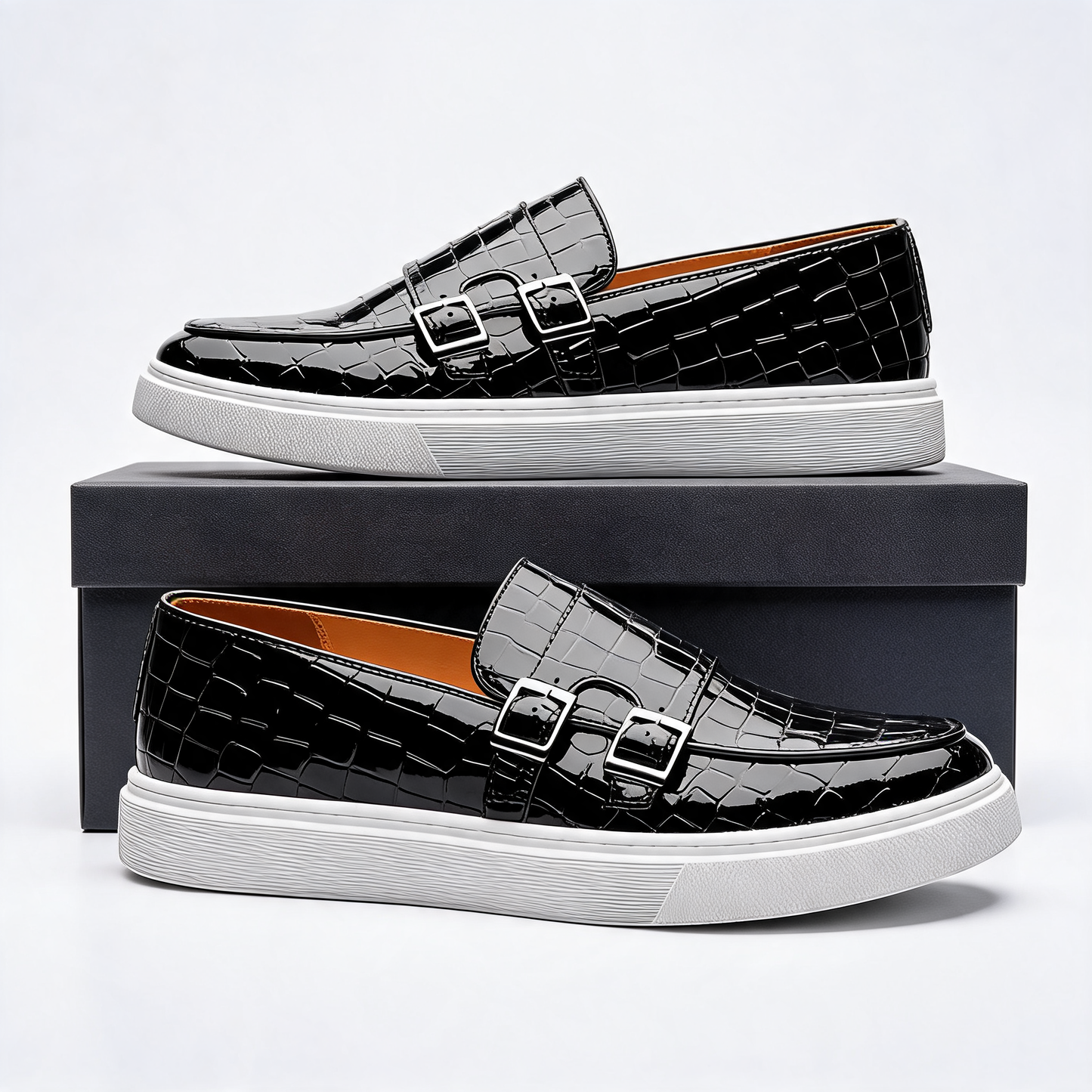Luxury men's embossed platform slip-on loafers with buckle detail, suitable for both casual & dress outfits.