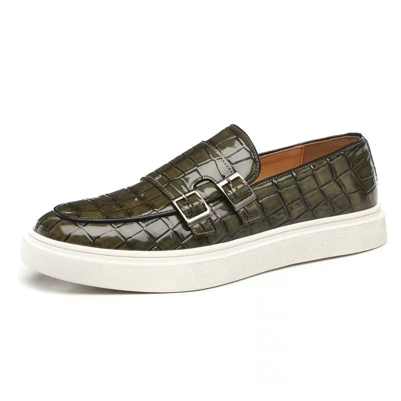 Detailed men's embossed platform loafers with buckle. Slip-on design offers versatile style & comfort.